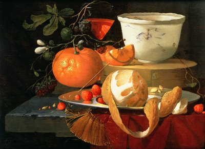 Naturaleza muerta con una naranja, un limón y una fresa en un plato de peltre, un cuenco wan-li detrás de Elias van den Broeck